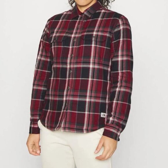 The North Face Women’s Campshire Fleece Lined Long Sleeve Red+Blk Plaid Shacket - Picture 2 of 13